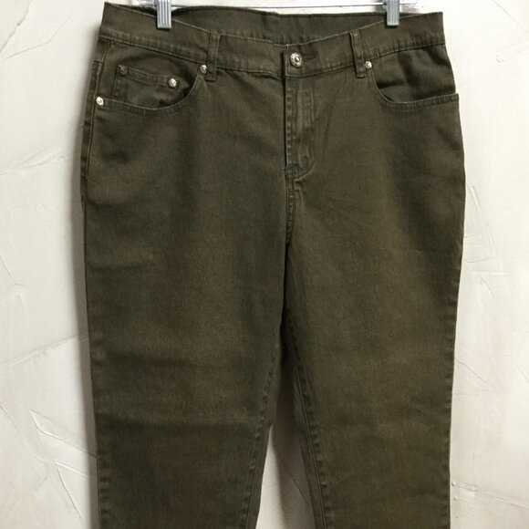HSN Diane Gilman DG2 Women Size 12P Olive Green Jeans Stretch 5-Pocket Slim Leg - Picture 1 of 7